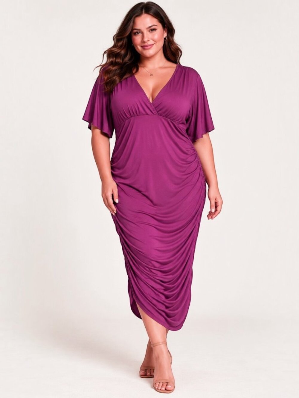 Purple Ruched Plus Size Surplice V-Neck Dress Flutter Sleeve Stretch 3XL